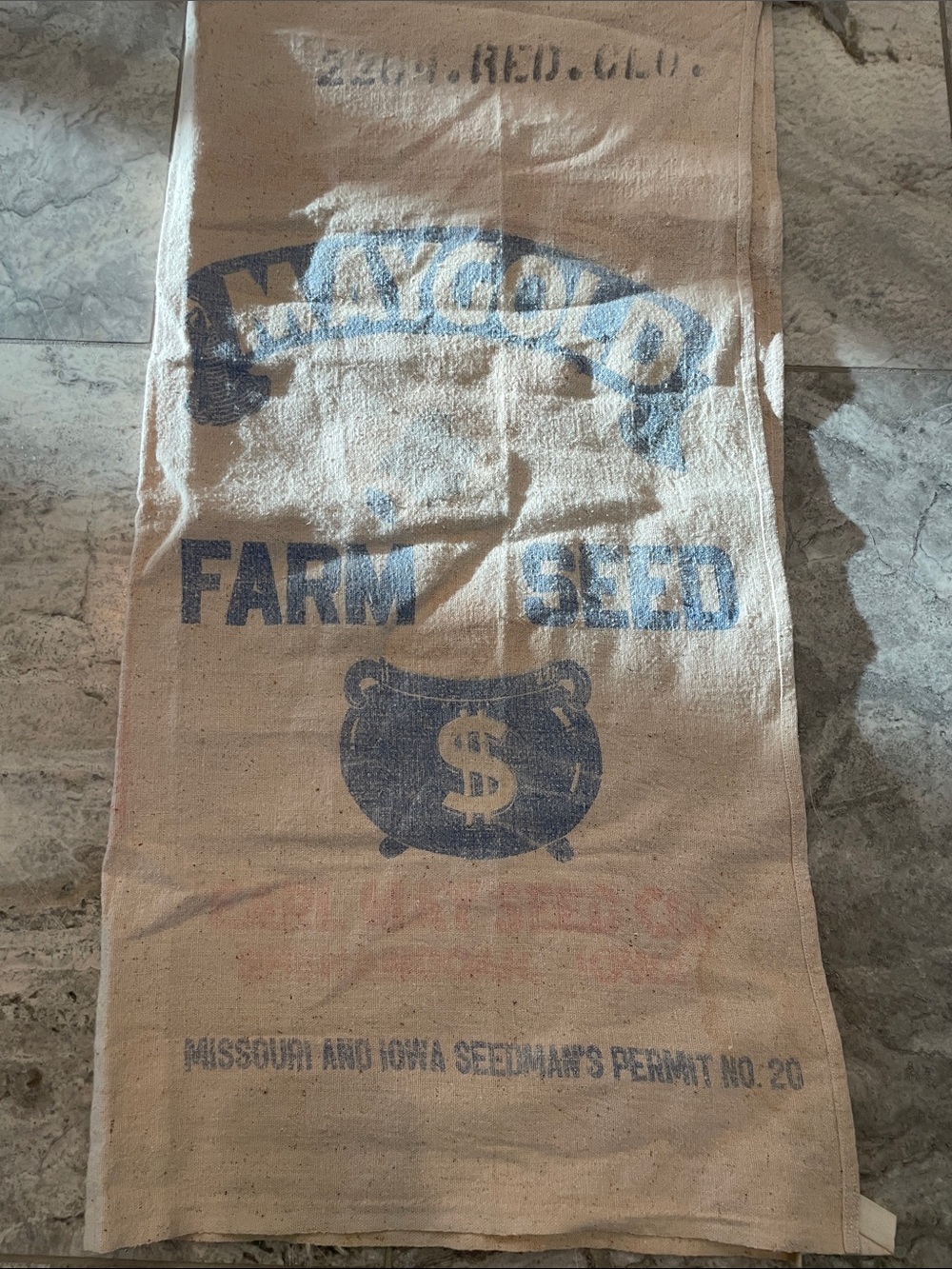 Vintage Farm Seed Burlap Sack with Blue Print
